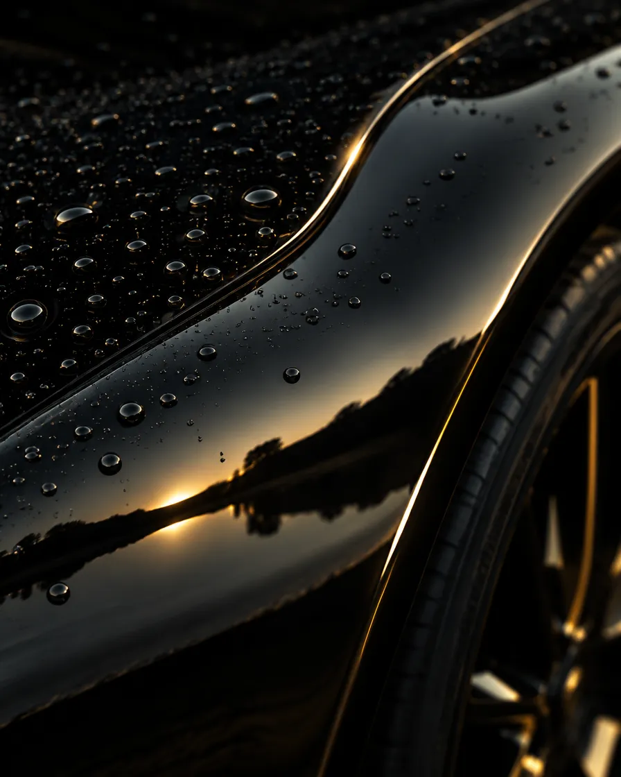Mirror-finish black paint with water beads